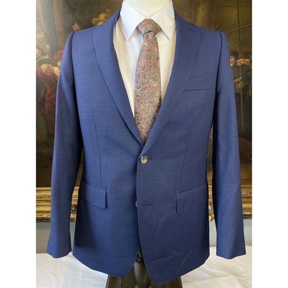 Indochino 36S Bespoke Blue Pickstripe Stretch Wool‎ Blend Surgeon's Cuffs Blazer